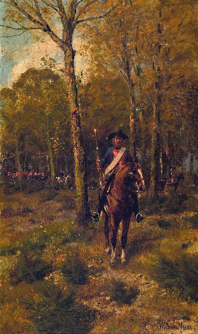 Erich Friedrich Karl Mattschass, 1866, - 1946, Düsseldorfer Maler, Vendette, die Feldwache auf Posten, Preussischer Dragoner zu Pferd in einer ...