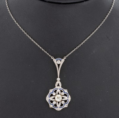 14 kt Gold Jugendstil Diamant-Saphir-Collier, um 1900, GG/WG 585/000, mittig Altschliffdiamant ca. 0.44 ct l.get.Weiß/p, 38Altschliffdiamanten und ...