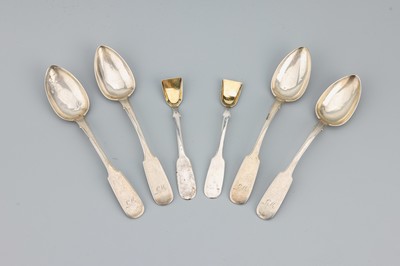 Set 6 Kaffeelöffel, Warschau 1870, 84er Silber, schlichtes zeitloses Design, MonogrammL.M., L. ca. 14 cm, dazu 2 Zuckerlöffel, 1869,Laffen ...