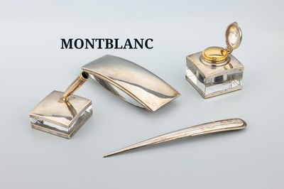 MONTBLANC Schreibgarnitur, 925er Silber teilverg. und Glas, best. aus: 1 Brieföffner, L. ca. 24 cm, 1 Stifthaltern, 1 Löschwiege und1 Tintenfass, ...