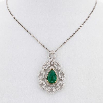 18 kt Gold Brillant-Smaragd-Anhänger, WG/GG750/000, ca. 158 Brillanten zus. ca. 4.0 ct Weiß-get.Weiß/si-p, mittig in GG gefasster tropfenf. ...