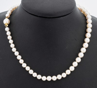 Perl-Collier mit 18 kt Gold Schließe, GG 750/000, Akoyazuchtperlen im Verlauf, D. ca. 5.6-9.3 mm, L. ca. 51 cm, Steckschließe in Perle integriert