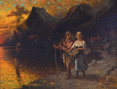 Peter Baumgartner, 1834 Giesing-1911 München , Bauernpaar vor Küstenlandschaft im Abendrot, rechts unten signiert, Öl/Lwd, 72x92cm, Rahmen 88x108 ...