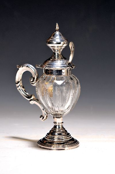 Senfgefäß, Niederlande, um 1900, farbloses Kristallglas und 800er Silber, Fuß gefüllt, H. ca. 19.5cm