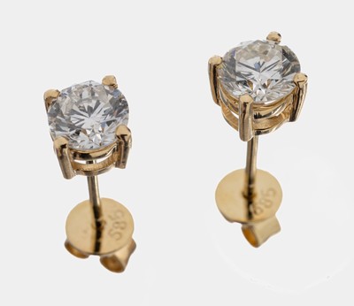 Paar 14 kt Gold Brillant-Ohrstecker, GG 585/000, 2 Brillanten zus. ca. 1.0 ct Weiß/si