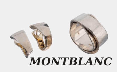 MONTBLANC Schmuckset, 925er Silber, best. aus: 1 Ring, RW 56 und 1 Paar Ohrstecker, Clipbrisuren, sign.