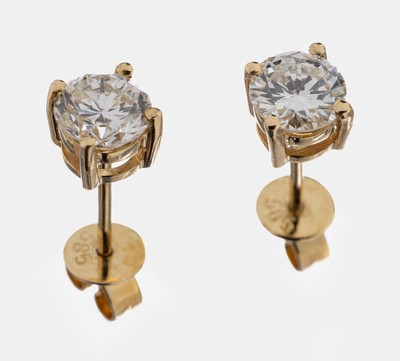 Paar 14 kt Gold Brillant-Ohrstecker, GG 585/000, 2 Brillanten zus. ca. 0.95 ct Weiß/si