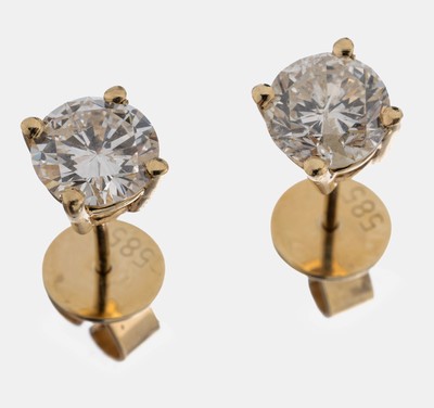 Paar 14 kt Gold Brillant-Ohrstecker, GG 585/000, 2 Brillanten zus. ca. 1.75 ct l.get.Weiß-get.Weiß/p