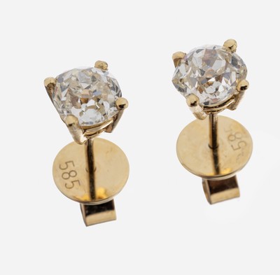 Paar 14 kt Gold Diamant-Ohrstecker, GG 585/000, 2 Altschliffdiamanten zus. ca. 1.74 ct Getönt/si
