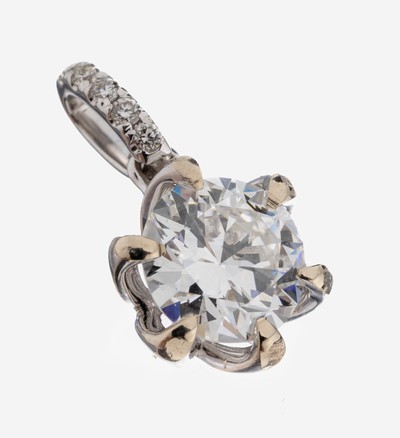 18 kt Gold Brillant-Anhänger, WG 750/000, Brillant ca. 1.09 ct feines Weiß+(F)/si1, Öse mit Brillanten zus. ca. 0.05 ct Weiß/vs-si, ca. 1.2 g, ...