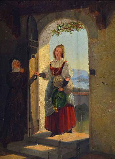 Unbekannter Genremaler des 19.Jh., Nachfolge Ferdinand Georg Waldmüller (1793-1865), junge Frau beim Eintritt ins Kloster, um 1830/40, unsigniert, ...