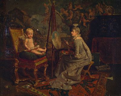 Pietro Toretti, 1888-1927, italienisch, "Amor in der Kunst" so verso auf altem Etikett bez., Atelier mit Künstlerin, Amor in typ. Manier ...
