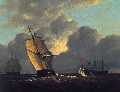 Zuschreibung: Henri Adolphe Schaep, 1826 Mechelen-1870, Maritime Szene, Segelschiff vor zwei Kriegsschiffen in stürmischer See, bewegter Himmel, ...