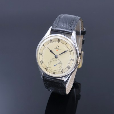 OMEGA große Herrenarmbanduhr in Stahl Referenz 2505-16, Schweiz um 1950, Handaufzug, Boden aufgedr., silb. Zifferbl. m. röm. Zahlen, gebl. Zeiger, ...