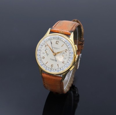 CHRONOGRAPHE SUISSE vergoldeter Armbandchronograph, Schweiz um 1950, Handaufzug, Stahlboden aufgedr., silb. Zifferbl. rest., arab. Zahlen u. gold. ...