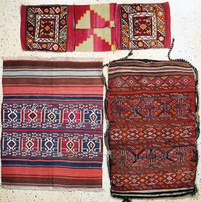 3 Lots Tasche & Mafrashteil, Türkei, Anfang 20.Jhd, Wolle auf Wolle, ca. 120 x 100 cm, Reinigungsbedürftig, EHZ: 2