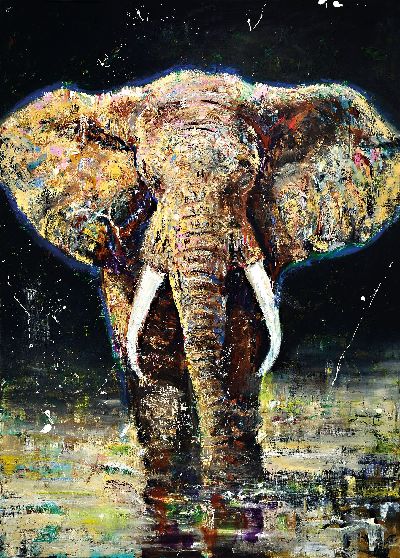 Yves-Marcel Münch, geb. 1994, zeitgen. Künstler aus Wiesloch, Elefant, auf den Betrachter zuschreitend, Öl/Lwd, sign., ca. 140x100cm