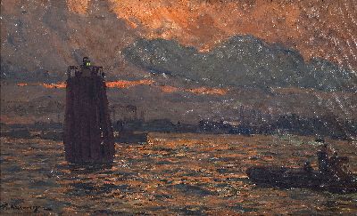 Friedrich Kallmorgen, 1856 Altona-1924 Grötzingen bei Karlsruhe, Abend im Hamburger Hafen, so rückseitig betitelt, Öl/Malkarton, links unten ...