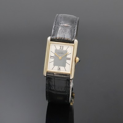 CARTIER Damenarmbanduhr Tank Vermeil Referenz 590005, Schweiz um 1995, quarz, 2-teil., verg. Silbergeh. ber., Lederband m. orig. Faltschl., Boden ...