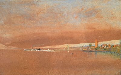 Ludwig Sellmayr, 1834-1904 München, Mischtechnik auf braunem Papier, Ansicht vom Genfer See, weißgehöht, rechts unten signiert,unter Glas gerahmt ...