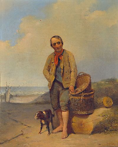 J.L. Beyer, Niederländer der Mitte des 19.Jh. , lt. Etikett Jan Lodewyk Beyer (1818-1858), dieser jedoch nicht nachweisbar, Fischer mit Hund am ...