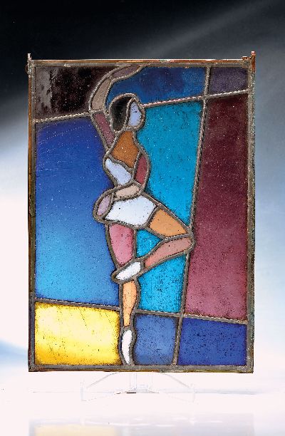 Bleiverglasung, 20. Jh., Tänzerin , bemaltes Gesicht, ca. 46 x 33.5 cm