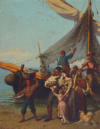 Giulio Carlini, 1826-1887 Venedig, Heimkehrende Fischer beim Begrüßen der Familie am Strand, links unten signiert, Öl/Platte, restauriert, 66x55 ...