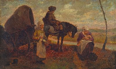 Unbekannter Künstler des 19.Jh., Bauernfamilie auf der Rast, unsigniert, Öl/Lwd, restauriert, 50x81 cm, Rahmen beschädigt 70x100 cm