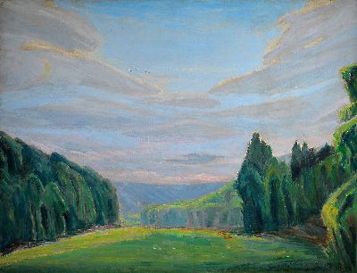 Daniel Wohlgemuth, 1876 Albisheim/Pfrimm-1967 Gundersheim, "Waldesfrieden", großformatige Pfalzlandschaft, verso Künstler-Etikett mit ...