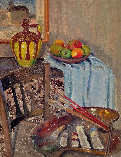 Hermann Jürgens, 1914 Heidelberg-1967 Godramstein, Stillleben mit Malerpalette, Äpfeln und Krug, rechts unten signiert und datiert 1951, ...