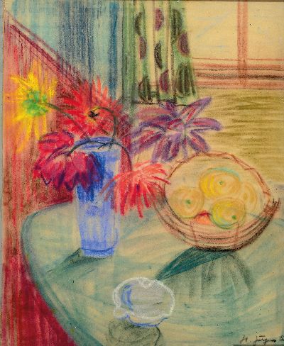 Hermann Jürgens, 1914 Heidelberg-1967 Godramstein, impressionistisches Stillleben am Fenster, Pastell hinter Glas, signiert und datiert 1958, Rahmen ...