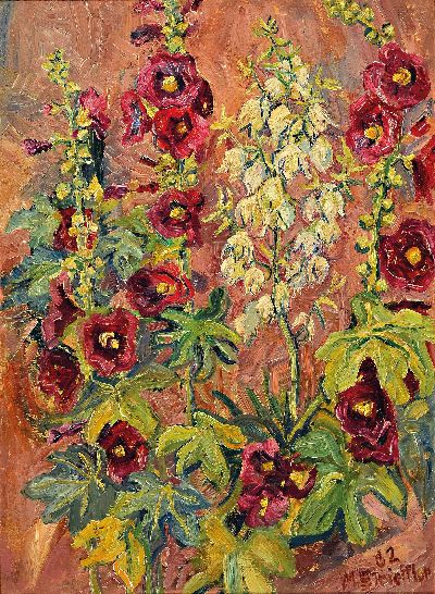 Marie Strieffler, 1917-1987 Landau, reiches Blumenstillleben mit Stockrosen und Malven, rechts unten signiert und datiert 1962, Öl/Lwd, 65x47 cm, ...