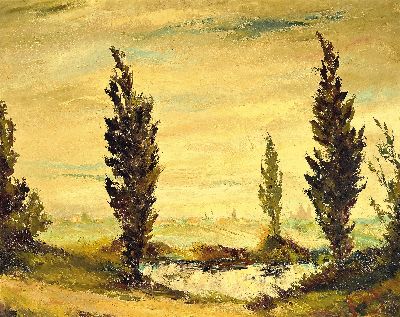 Karl Philipp Spitzer, 1887-1954 Speyer, Altrheinlandschaft mit der Silhouette von Speyer und dem Dom, rechts unten signiert, Öl/Masonit, 78x98 cm, ...