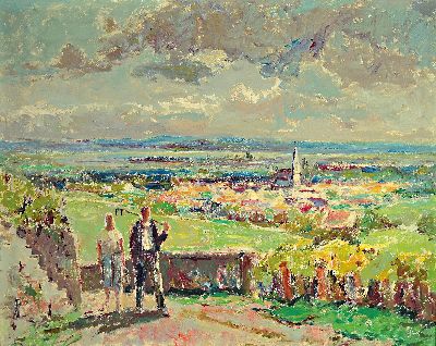 Karl Graf, 1902 Rothenburg ob der Tauber-1986 Speyer, Pfalzlandschaft, Blick über Roth unter Rietburg in die Rheinebene, Staffage von Winzerpaar, ...