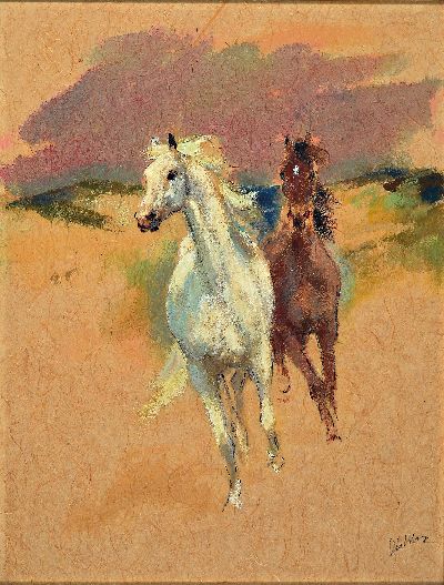 Heinz Düllberg, 1909-1977, Studierte an der Akademie München und war Schüler von Angelo Jank und Otto Dill, zwei Pferde in Landschaft,Pastell auf ...