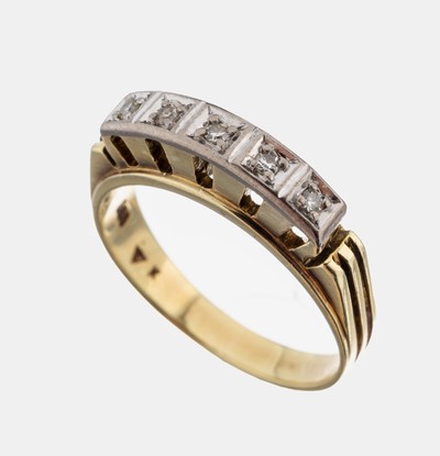 14 kt Gold Diamant-Ring, GG/WG 585/000, hoch aufgebauter Ringkopf, bes. mit 5 8/8- Diamanten, in WG gefasst, RW 56, ca. 5.2 g