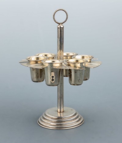 Set 6 Schnapsbecher mit Ständer, 925er Silber, Ständer mit mehrfach profiliertem Fuß,schlanker Mittelschaft, radial angeordnete Schnapsbecher, ...