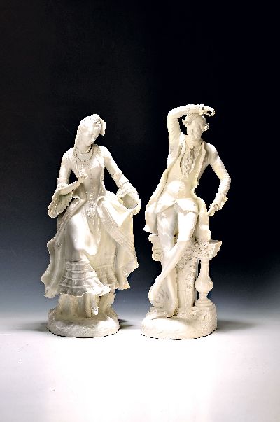 Paar monumentale Porzellanfiguren, wohl England, 18./19. Jh., Meissen-Imitatmarke, Schwerter mit Punkt, eventuell Nicolas Sprimont Chelsea, weiß, ...