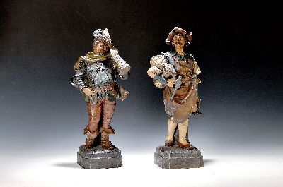 Paar Keramikfiguren, Johann Maresch, 1821 - 1914, Figurenpaar, Wirt und Zecher, Steingut, bunt staffiert, num. 6393 und 6396, diese l. am Ärmel ...
