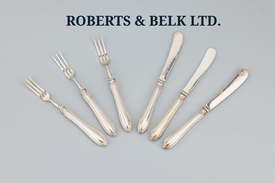 Obstbesteck für 6 Personen, England, Sheffield, 1911, 925er Silber, best. aus: 6Messer und 6 Gabeln, Griffe gefüllt, Gebrauchsteile Stahl, ...