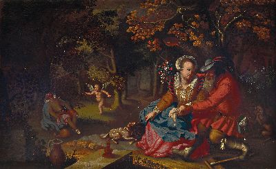 Zuschreibung: Davis Vinkboons, 1576 Mechelen-1632 Amsterdam, Allegorie auf die Liebe: Alter Mann, junge Frau und geflügelter Amor, Öl/Lwd, ...