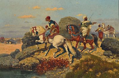 Unbekannter Maler, wohl französisch, um 1870, Beduinen Reiter an einer Oase, Öl/Lwd, rest., doubl., ca. 53x80cm, mit ca. 13cm breitem Rahmen
