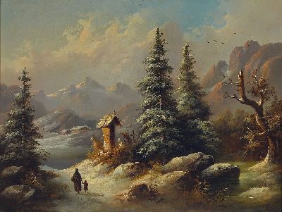 Zuschreibung: Johann Bernhard Klombeck, 1815 Kleve-1893 ebenda, verschneite Winterlandschaft in den bergen, Mutter mit Kind laufen auf ein Haus im ...
