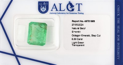 Loser Smaragd, ca. 6.50 ct, Emerald Cut, ca. 13.28 x 10.63 x 5.75 mm, light green transparent, eingeschweißt, ALGT-Expertise anbei