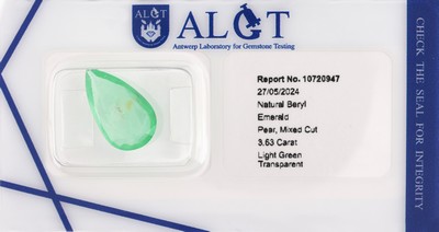 Loser Smaragd ca. 3.63 ct, Tropfenschliff ca. 15.65 x 9.22 x 3.70 mm, light green, transparent, eingeschweißt mit ALGT Report