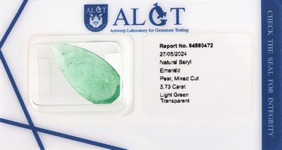 Loser Smaragd ca. 5.73 ct, facett. Tropfen, ca. 21.51 x 10.64 x 3.62 mm, light green transparent, eingeschweißt, ALGT Report anbei