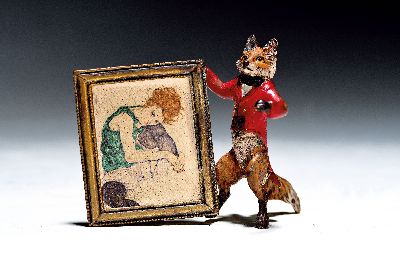Fuchsmaler mit Bild nach Egon Schiele, Wiener Bronze, sign. Wasserkrug, bunt staffiert, H.ca. 6.5 cm