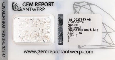 100 lose Brillanten und Diamanten zus. ca. 1.30 ct hochfeines Weiß(E)-l.get.Weiß(I)/vs- p3, 0.01 bis 0.02 ct, eingeschweißt, GEM Report
