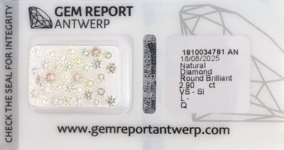 34 lose Brillanten zus. ca. 2.90 ct get. Weiß-Getönt(L-Q)/vs-si, 0.06 - 0.09 ct, GEM Report