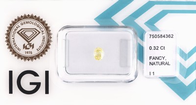 Loser Diamant 0.32 ct natural fancy intense yellow/p1, oval modified brilliant, verschweißt, IGI Expertise